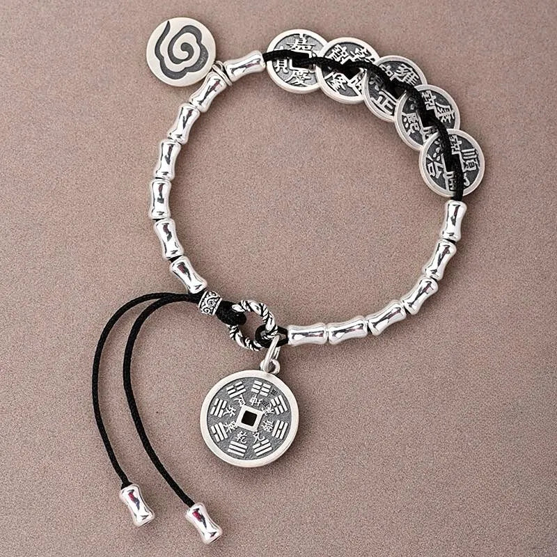 Five Emperor Coins Triple Feng Shui Bracelet - Bamboo Node, Auspicious Clouds, Money Attracting