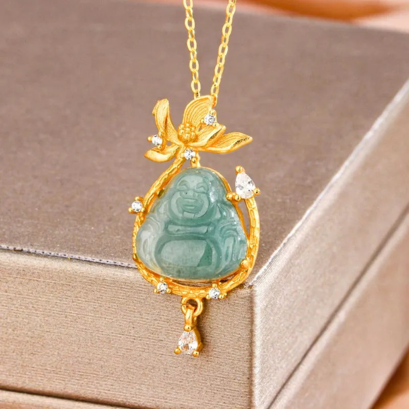 Golden Lotus Maitreya Buddha Necklace - For Prosperous Career