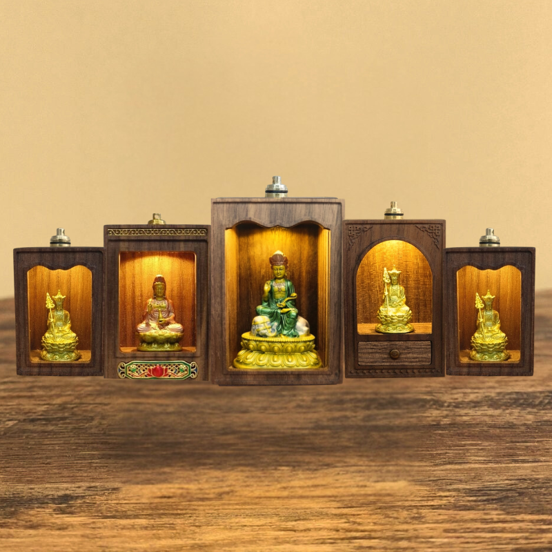 Walnut Travel Shrine with Light – Painted Copper Ksitigarbha