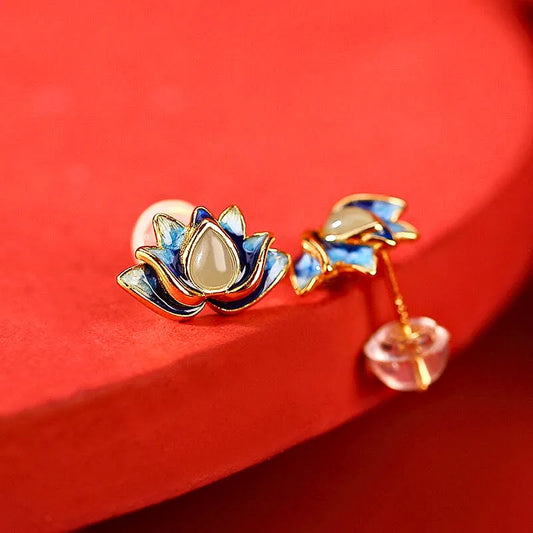Lotus Hetian Jade Earrings - Symbolizing Elegance and Purity