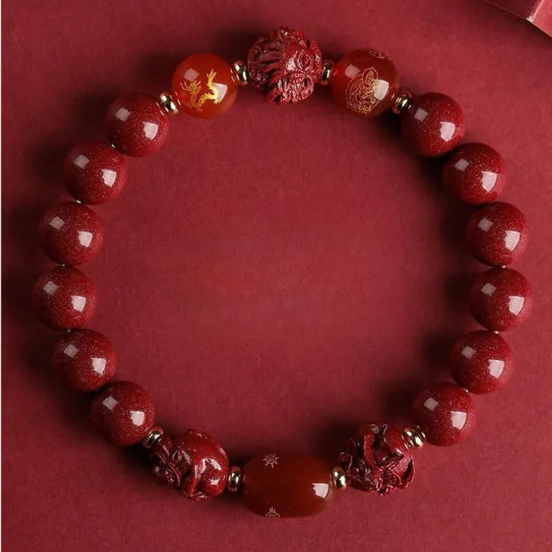 Natural Cinnabar Sanhe Liuhe Fortune Bead Bracelet