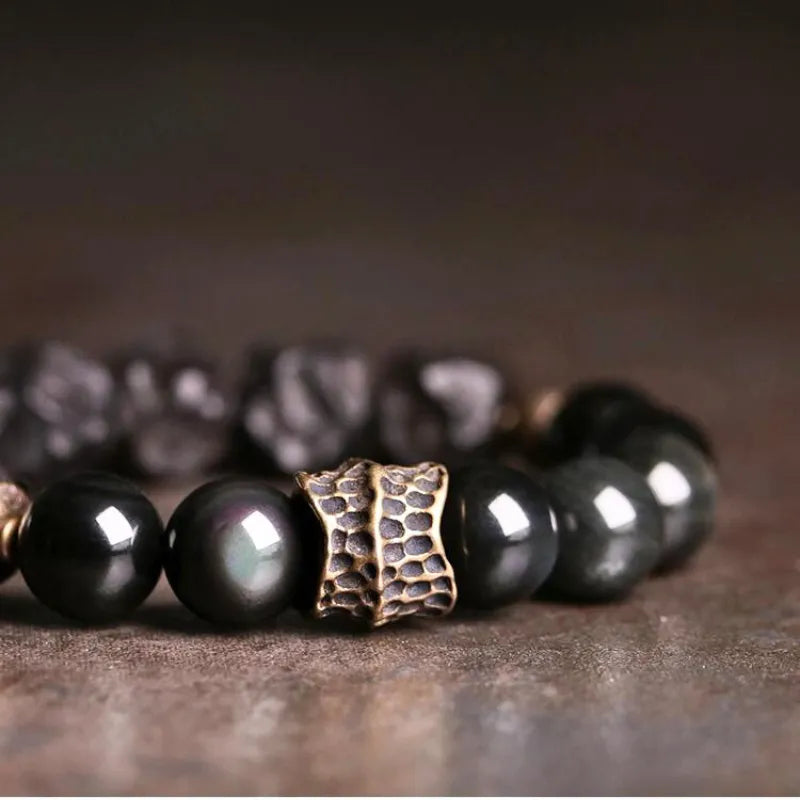 Natural Freeform Black Ebony & Black Obsidian Bead Bracelet