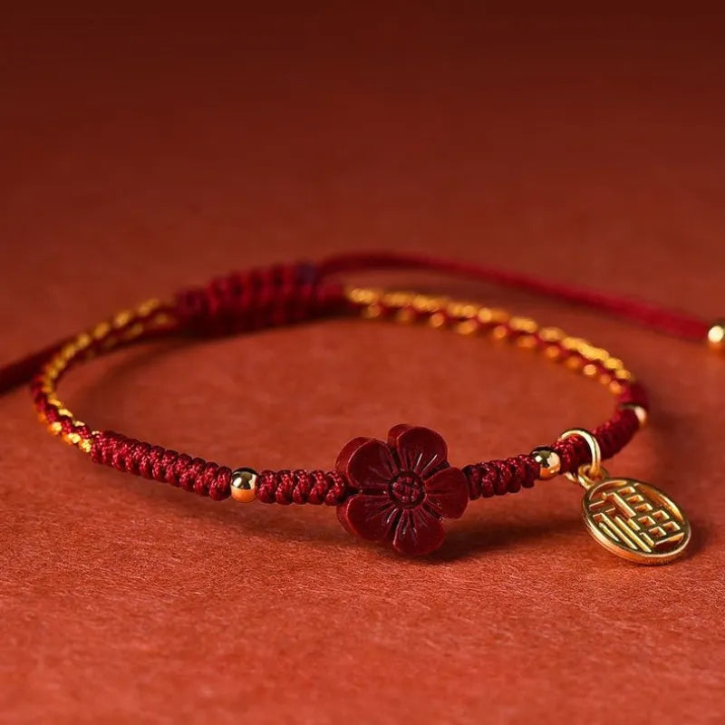 Red String Bracelet with Little Red Flower Charm - Good Luck & Energy