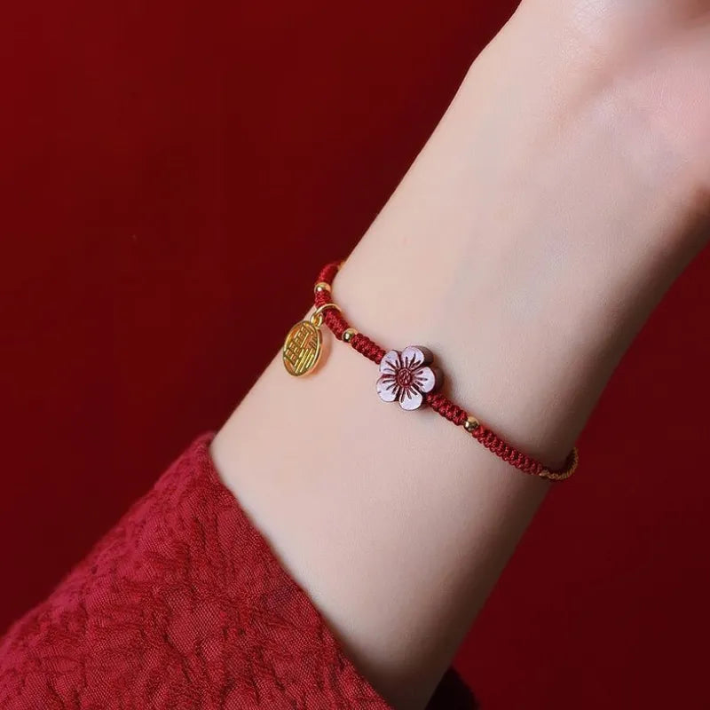 Red String Bracelet with Little Red Flower Charm - Good Luck & Energy