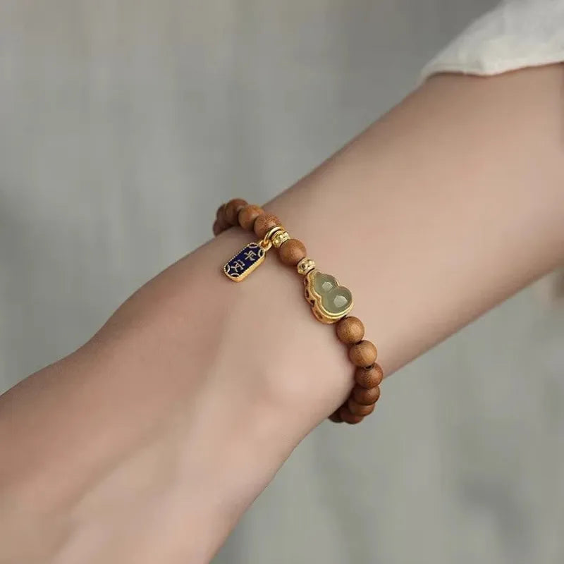 Taoist Feng Shui Sandalwood Jade Gourd Bracelet - For Harmony & Protection