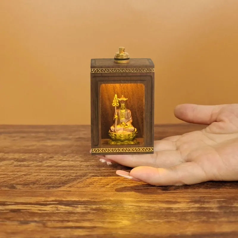 Walnut Travel Shrine with Light – Painted Copper Ksitigarbha