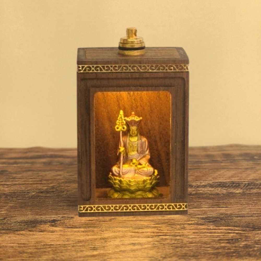 Walnut Travel Shrine with Light – Painted Copper Ksitigarbha