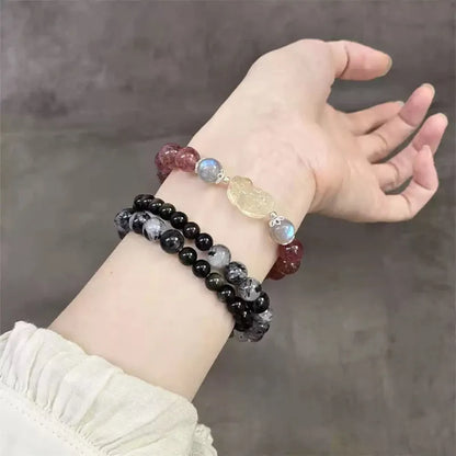 Black Hair Quartz & Goldstone Double-Layer Bracelet