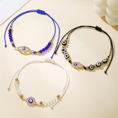 Evil Eye Hamsa Hand Beaded Bracelet Set, 3Pcs Adjustable Blue Crystal Nazar Amulet Protection Friendship Bracelets for Women