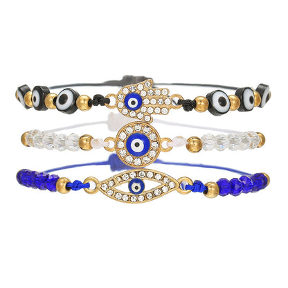 Evil Eye Hamsa Hand Beaded Bracelet Set, 3Pcs Adjustable Blue Crystal Nazar Amulet Protection Friendship Bracelets for Women