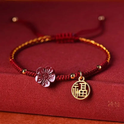 Red String Bracelet with Little Red Flower Charm - Good Luck & Energy