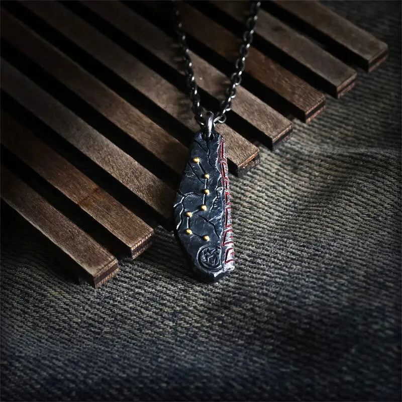 Taoist Beidou Seven Stars Gilded Sterling Silver Handcrafted Vermilion Inlay Necklace