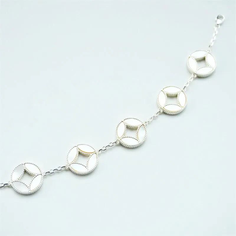 Taoist Five Emperor Coins & Mother-of-Pearl Bead Bracelet - Versatile, Pure, and Perfect for Couples